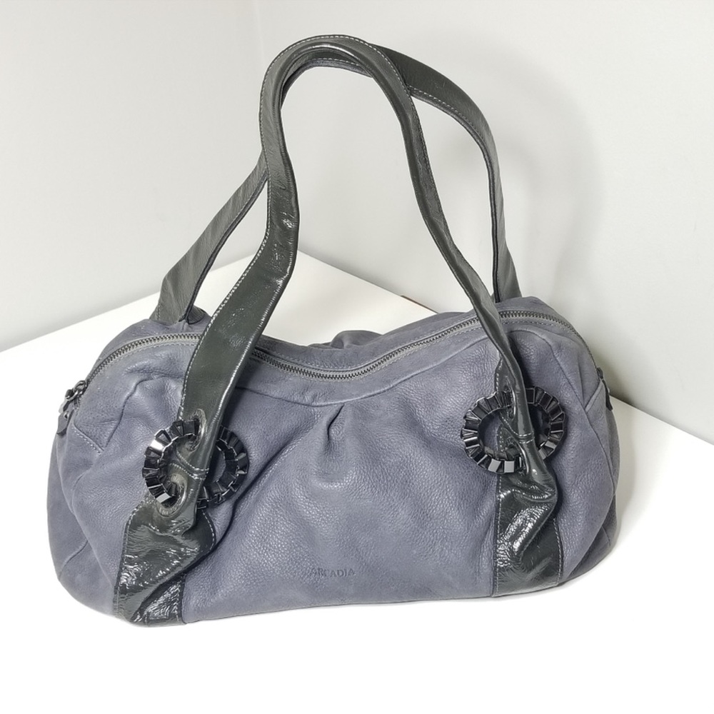 Arcadia Gray Leather Shoulder Bag Green Patent Handles Straps